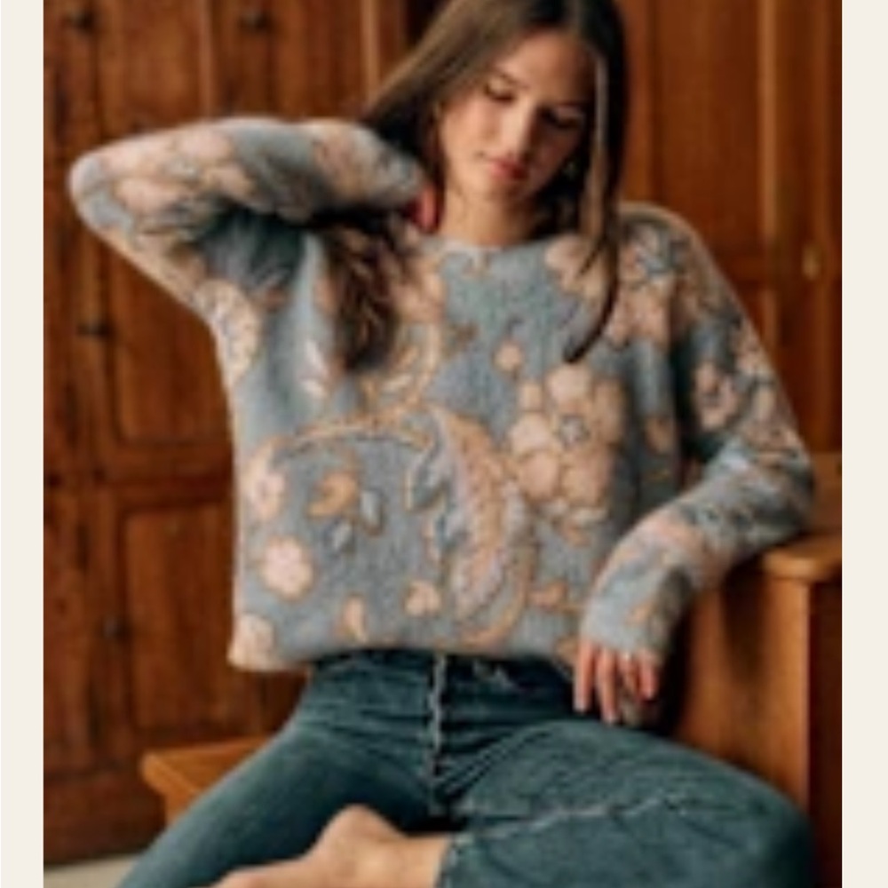 Sezane Blue and Cream Floral Sweater